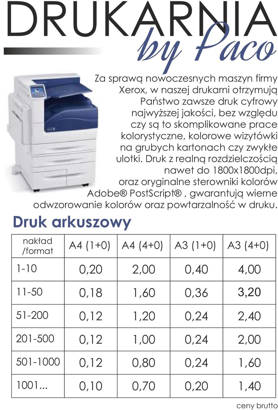 Druk z realną rozdzielczością nawet do 1800x1800dpi, oraz oryginalne sterowniki kolorów Adobe PostScript, gwarantują wierne odwzorowanie kolorów oraz powtarzalność