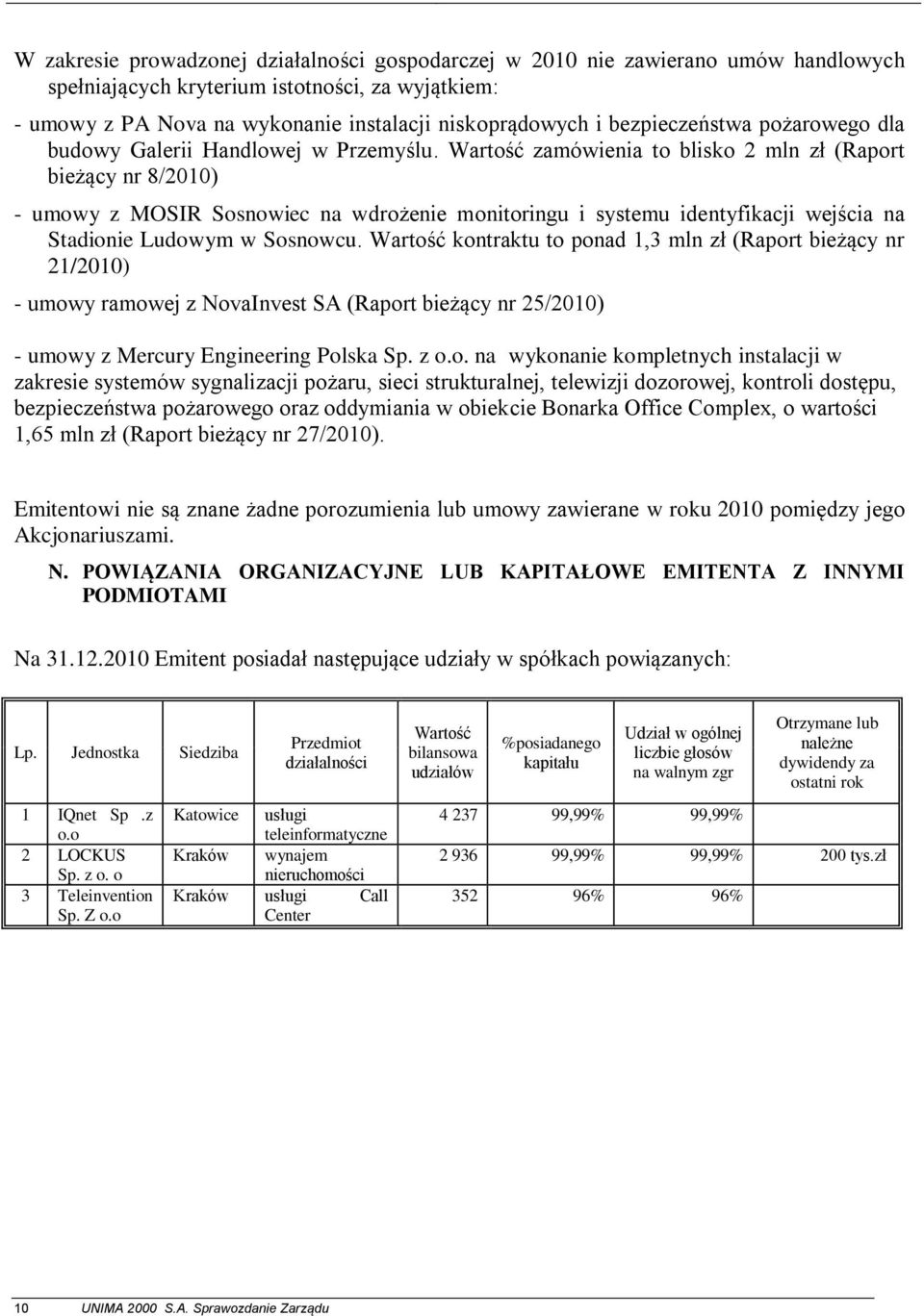 Wartość zamówienia to blisko 2 mln zł (Raport bieżący nr 8/2010) - umowy z MOSIR Sosnowiec na wdrożenie monitoringu i systemu identyfikacji wejścia na Stadionie Ludowym w Sosnowcu.