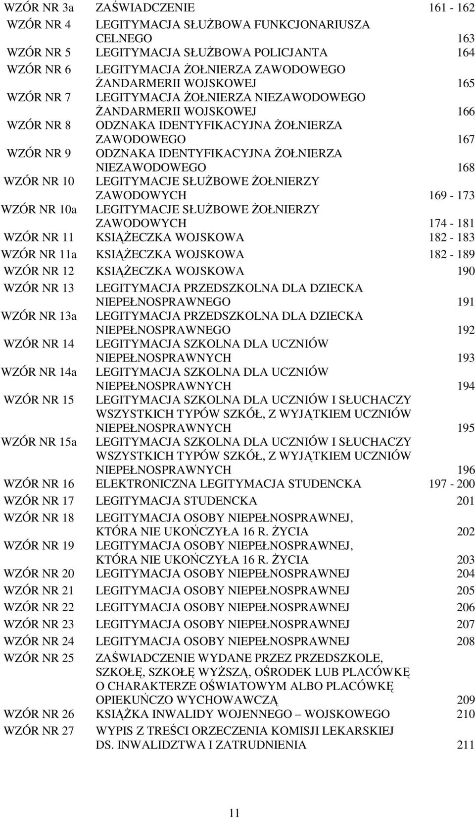 NIEZAWODOWEGO 168 WZÓR NR 10 LEGITYMACJE SŁUŻBOWE ŻOŁNIERZY ZAWODOWYCH 169-173 WZÓR NR 10a LEGITYMACJE SŁUŻBOWE ŻOŁNIERZY ZAWODOWYCH 174-181 WZÓR NR 11 KSIĄŻECZKA WOJSKOWA 182-183 WZÓR NR 11a