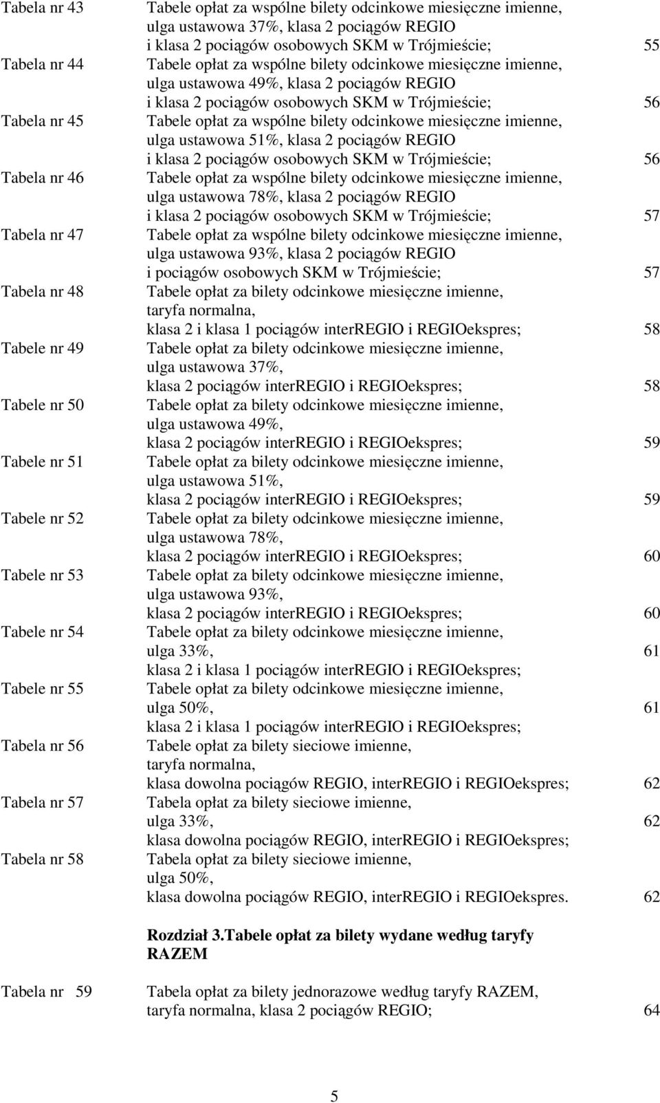 odcinkowe miesięczne imienne, ulga ustawowa 49%, klasa 2 pociągów REGIO i klasa 2 pociągów osobowych SKM w Trójmieście; 56 Tabele opłat za wspólne bilety odcinkowe miesięczne imienne, ulga ustawowa