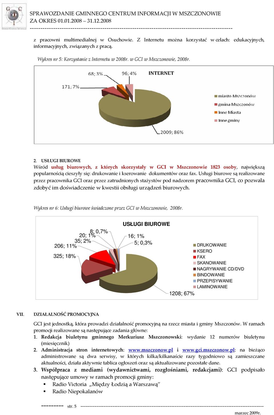 Usługi biurowe są realizowane przez pracownika GCI oraz przez zatrudnionych stażystów pod nadzorem pracownika GCI, co pozwala zdobyć im doświadczenie w kwestii obsługi urządzeń biurowych.