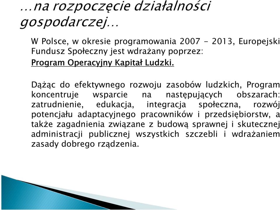 Dążąc do efektywnego rozwoju zasobów ludzkich, Program koncentruje wsparcie na następujących obszarach: zatrudnienie,