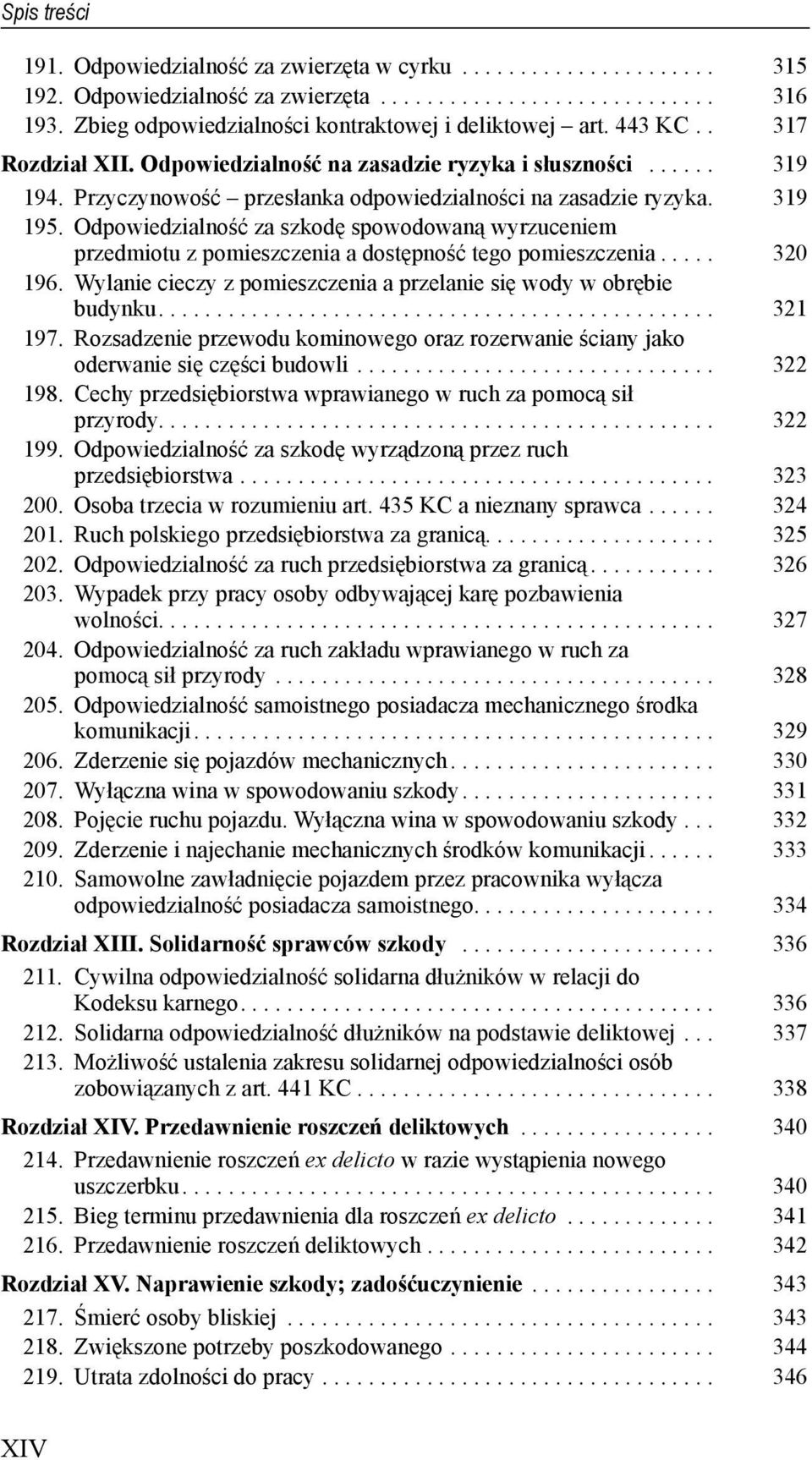 Odpowiedzialność za szkodę spowodowaną wyrzuceniem przedmiotu z pomieszczenia a dostępność tego pomieszczenia..... 320 196. Wylanie cieczy z pomieszczenia a przelanie się wody w obrębie budynku.