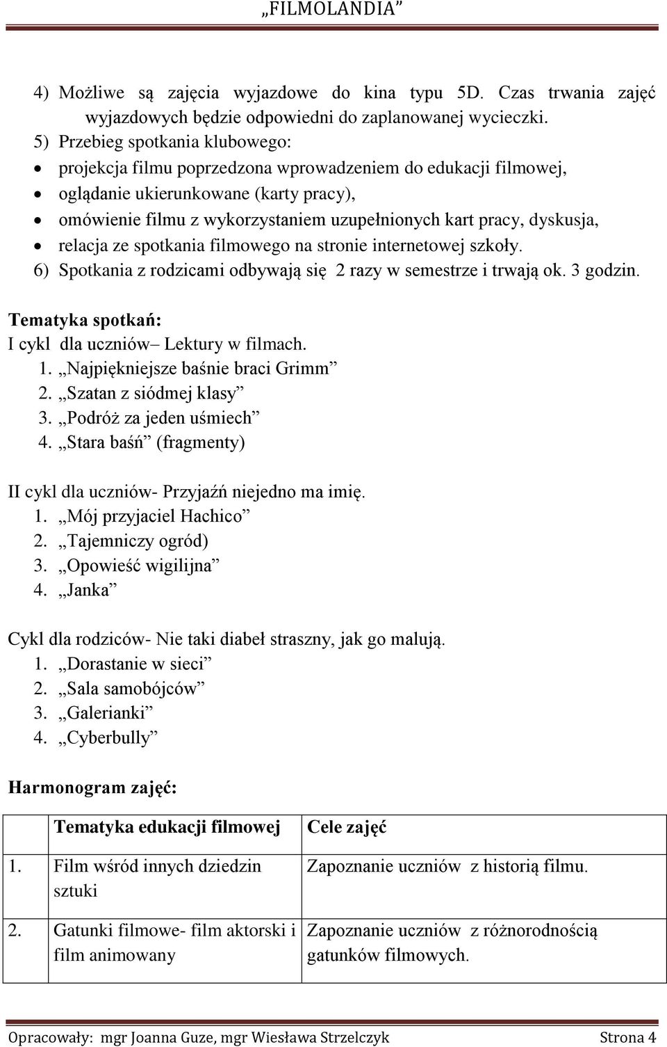 dyskusja, relacja ze spotkania filmowego na stronie internetowej szkoły. 6) Spotkania z rodzicami odbywają się 2 razy w semestrze i trwają ok. 3 godzin.