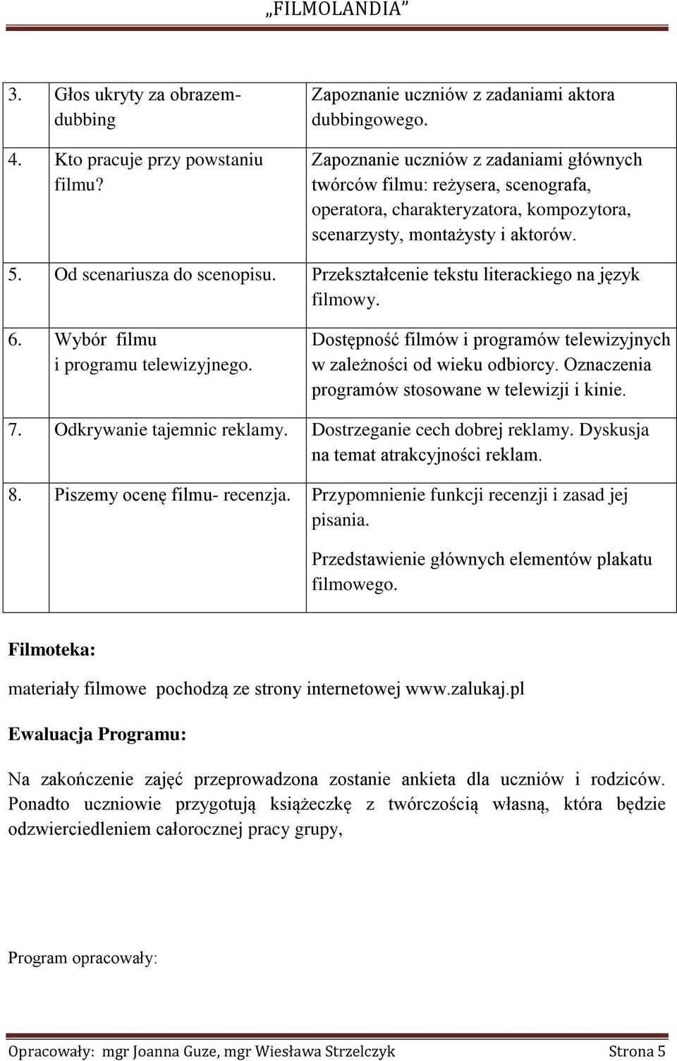 Przekształcenie tekstu literackiego na język filmowy. 6. Wybór filmu i programu telewizyjnego. Dostępność filmów i programów telewizyjnych w zależności od wieku odbiorcy.