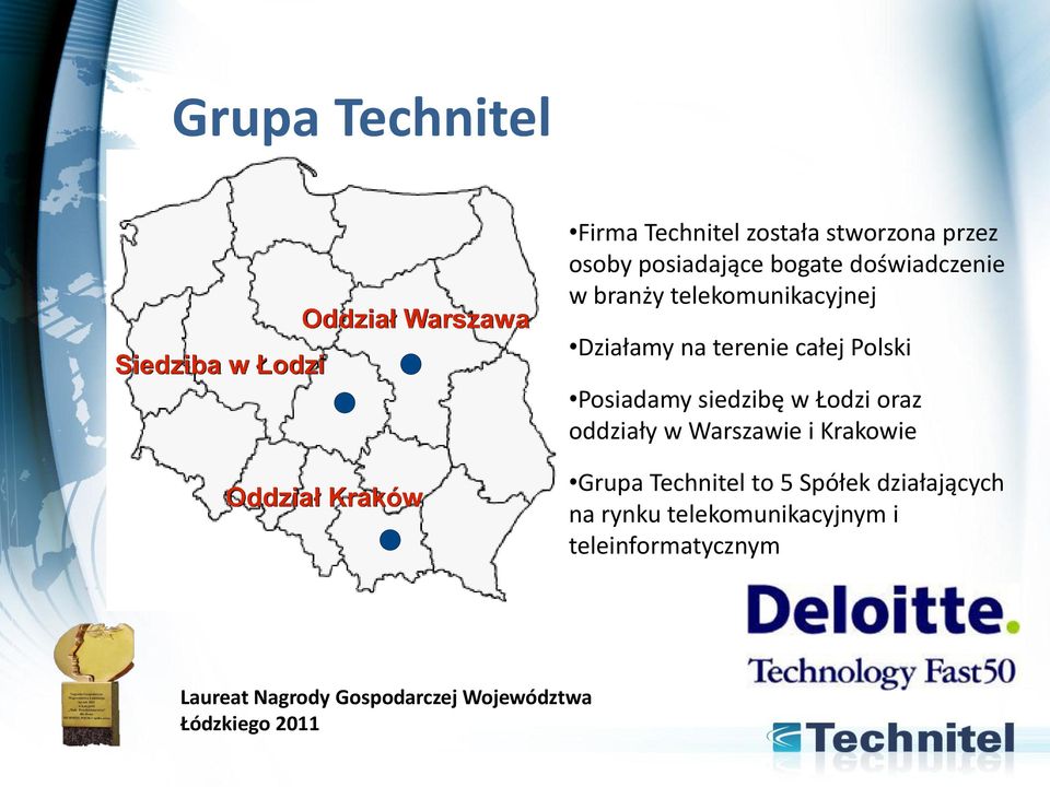 Polski Posiadamy siedzibę w Łodzi oraz oddziały w Warszawie i Krakowie Grupa Technitel to 5 Spółek