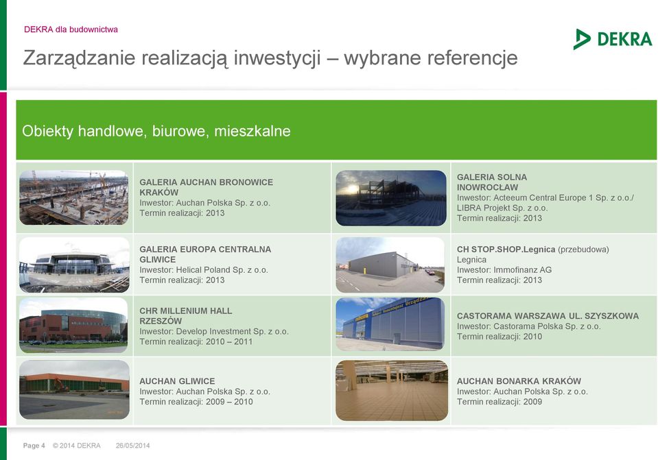 SHOP.Legnica (przebudowa) Legnica Inwestor: Immofinanz AG Termin realizacji: 2013 CHR MILLENIUM HALL RZESZÓW Inwestor: Develop Investment Sp. z o.o. Termin realizacji: 2010 2011 CASTORAMA WARSZAWA UL.