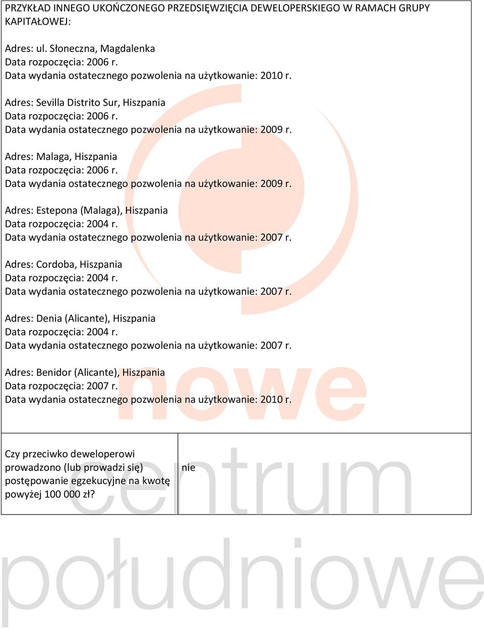 Adres: Malaga, Hiszpania Data rozpoczęcia: 2006 r. Data wydania ostatecznego pozwolenia na użytkowanie: 2009 r. Adres: Estepona (Malaga), Hiszpania Data rozpoczęcia: 2004 r.