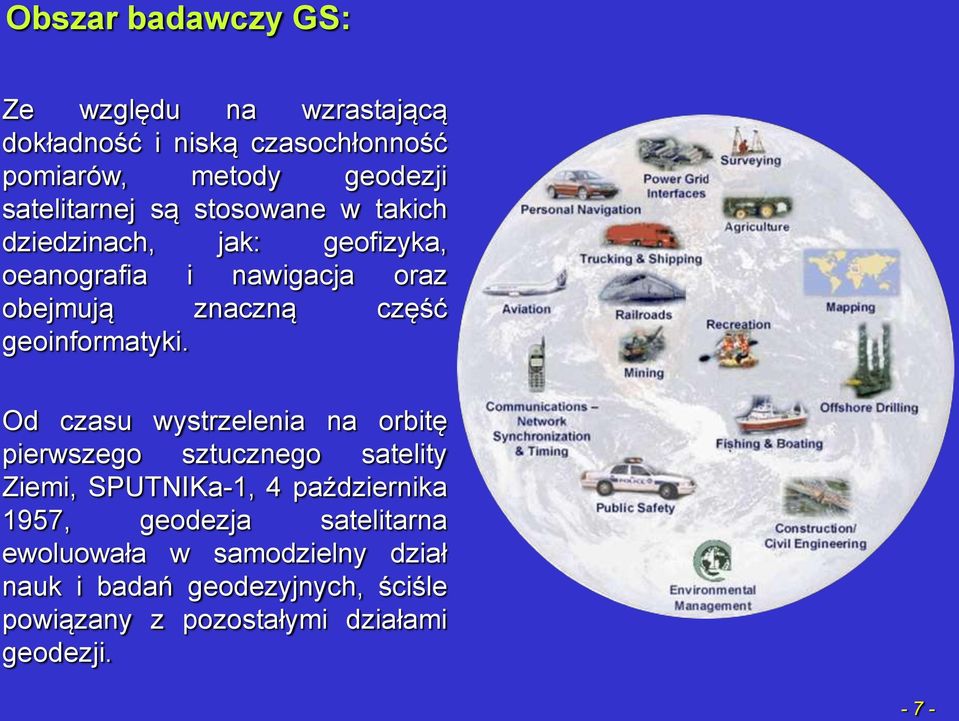 Od czasu wystrzelenia na orbitę pierwszego sztucznego satelity Ziemi, SPUTNIKa-1, 4 października 1957, geodezja