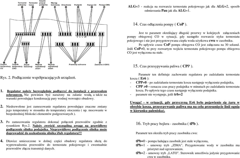 cwu w zasobniku. Po upływie czasu CoP pompa obiegowa CO jest załączana na 30 sekund. Jeśli CoP=0, to przy rozwartym wejściu termostatu pokojowego pompa obiegowa CO jest wyłączona na stałe. 15.