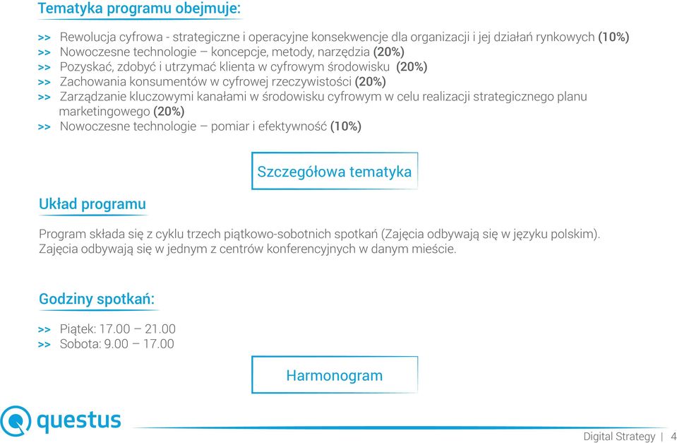 strategicznego planu marketingowego (20%) Nowoczesne technologie pomiar i efektywność (10%) Szczegółowa tematyka Układ programu Program składa się z cyklu trzech piątkowo-sobotnich spotkań