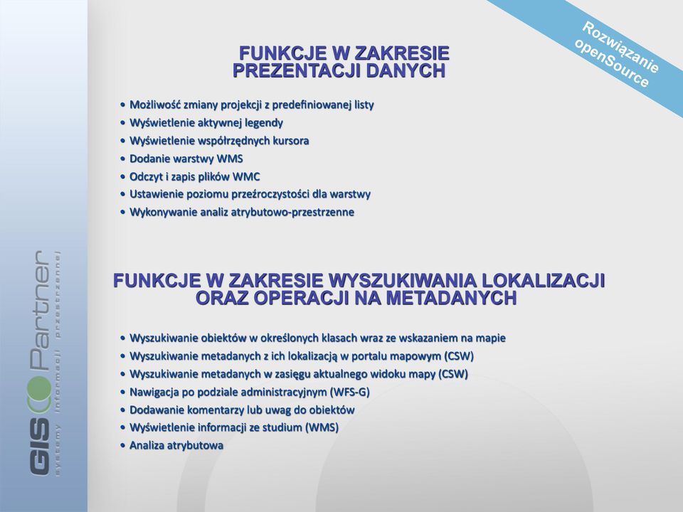 METADANYCH Wyszukiwanie obiektów w określonych klasach wraz ze wskazaniem na mapie Wyszukiwanie metadanych z ich lokalizacją w portalu mapowym (CSW) Wyszukiwanie metadanych w