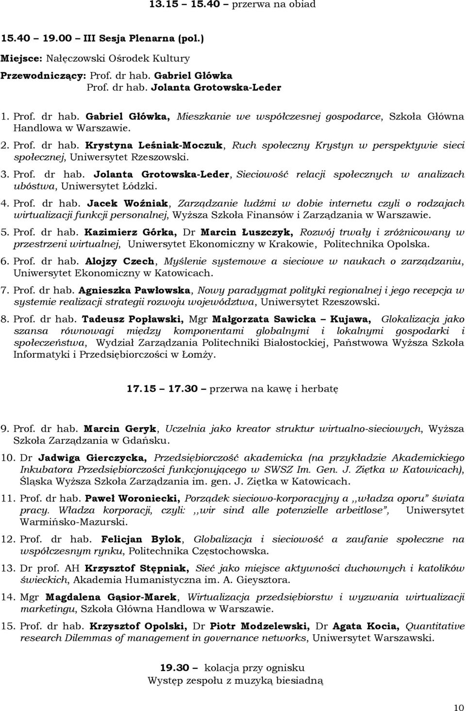 3. Prof. dr hab. Jolanta Grotowska-Leder, Sieciowość relacji społecznych w analizach ubóstwa, Uniwersytet Łódzki. 4. Prof. dr hab. Jacek Woźniak, Zarządzanie ludźmi w dobie internetu czyli o rodzajach wirtualizacji funkcji personalnej, Wyższa Szkoła Finansów i Zarządzania w Warszawie.