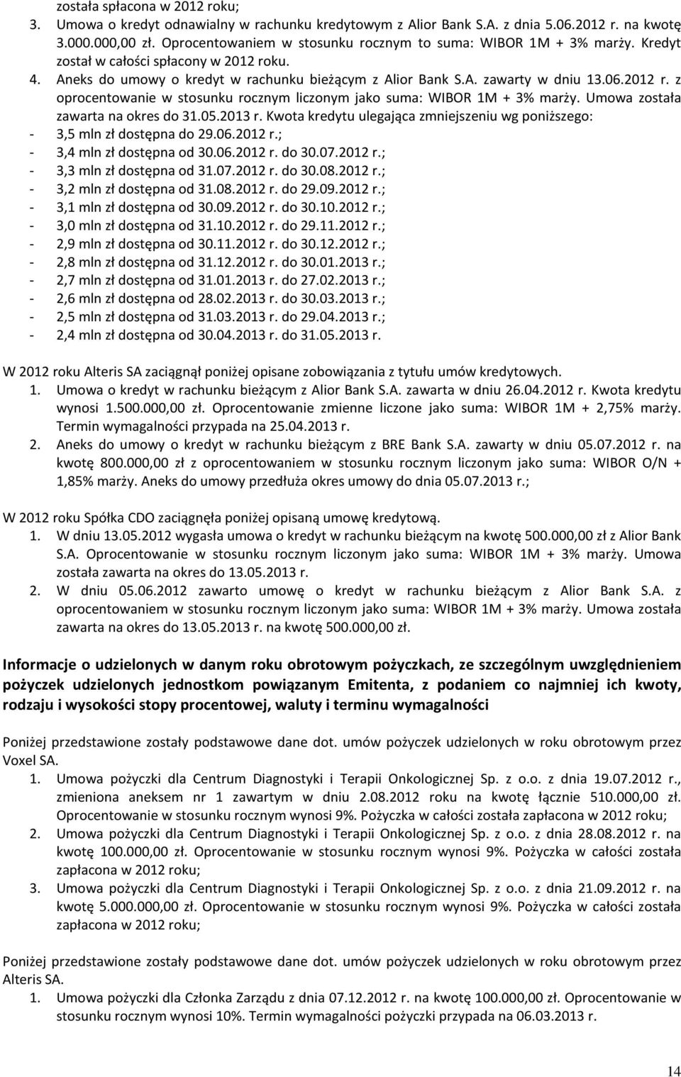 2012 r. z oprocentowanie w stosunku rocznym liczonym jako suma: WIBOR 1M + 3% marży. Umowa została zawarta na okres do 31.05.2013 r.