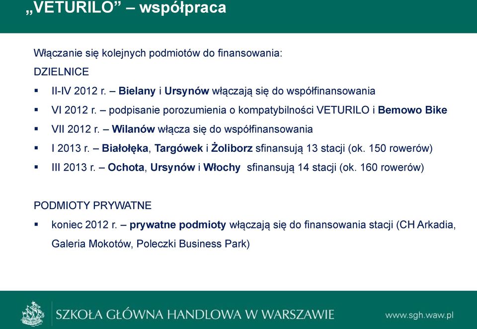 Wilanów włącza się do współfinansowania I 2013 r. Białołęka, Targówek i Żoliborz sfinansują 13 stacji (ok. 150 rowerów) III 2013 r.