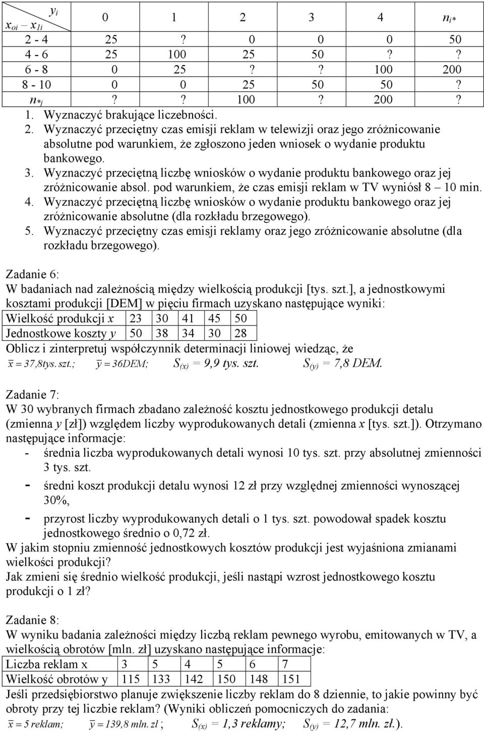 Wyznaczyć przecętną lczbę wnosków o wydane produktu bankowego oraz jej zróżncowane absol. pod warunkem, że czas emsj reklam w TV wynósł 8 10 mn. 4.