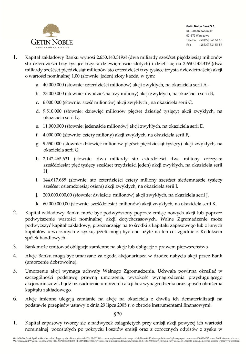 319 (dwa miliardy sześćset pięćdziesiąt milionów sto czterdzieści trzy tysiące trzysta dziewiętnaście) akcji o wartości nominalnej 1,00 (słownie: jeden) złoty każda, w tym: a. 40.000.