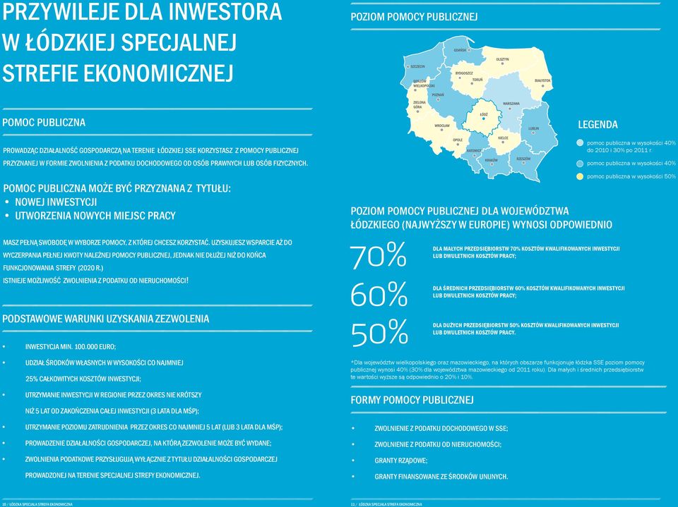 Pomoc publiczna może być przyznana z tytułu: nowej inwestycji utworzenia nowych miejsc pracy Poziom pomocy publicznej dla województwa łódzkiego (najwyższy w Europie) wynosi odpowiednio pomoc