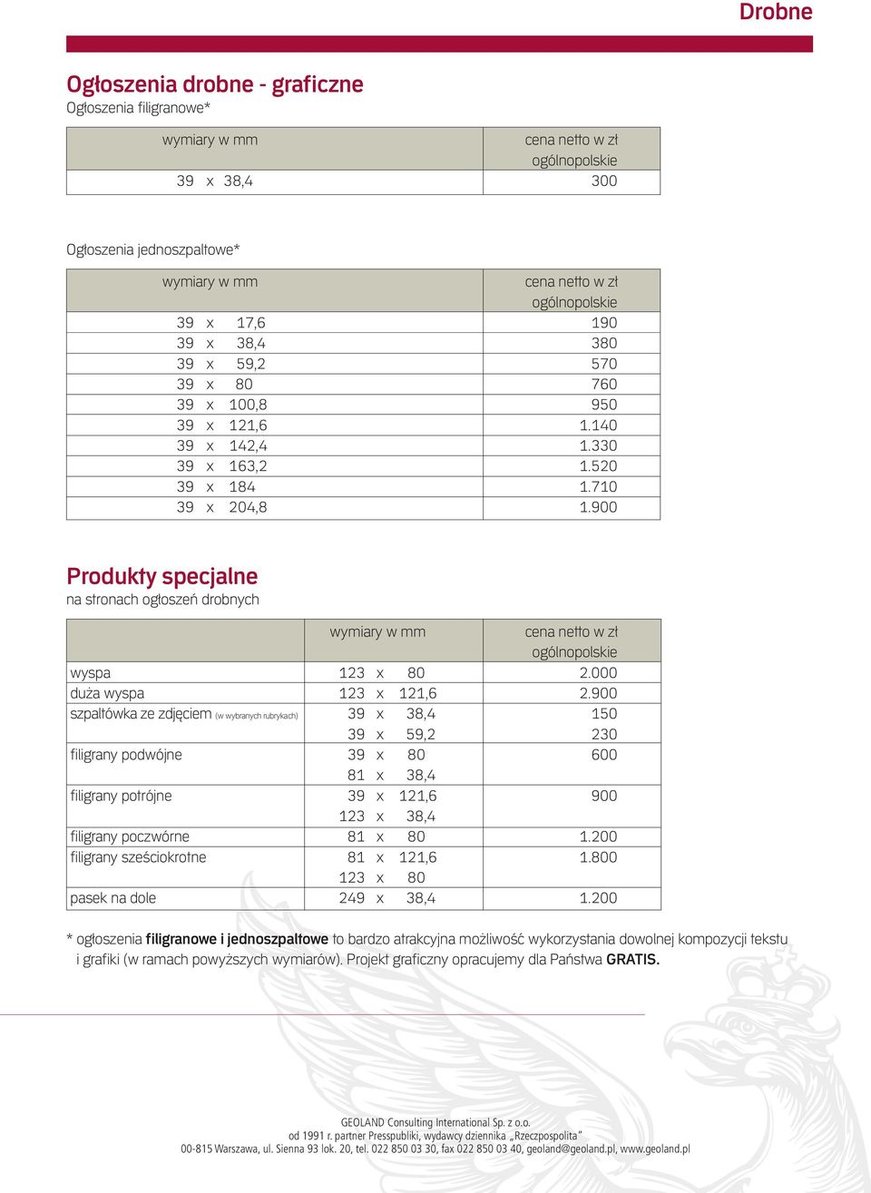 900 Produkty specjalne na stronach ogłoszeń drobnych wymiary w mm cena netto w zł ogólnopolskie wyspa 123 x 80 2.000 duża wyspa 123 x 121,6 2.