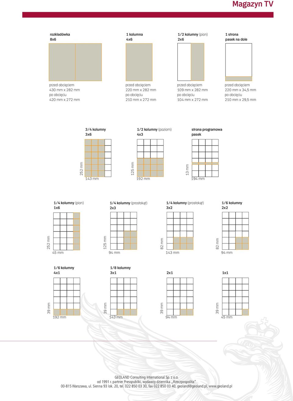 kolumny 3x6 1/2 kolumny (poziom) 4x3 strona programowa pasek 252 mm 143 mm 125 mm 192 mm 13 mm 194 mm 1/4 kolumny (pion) 1x6 1/4 kolumny (prostokąt) 2x3 1/4 kolumny
