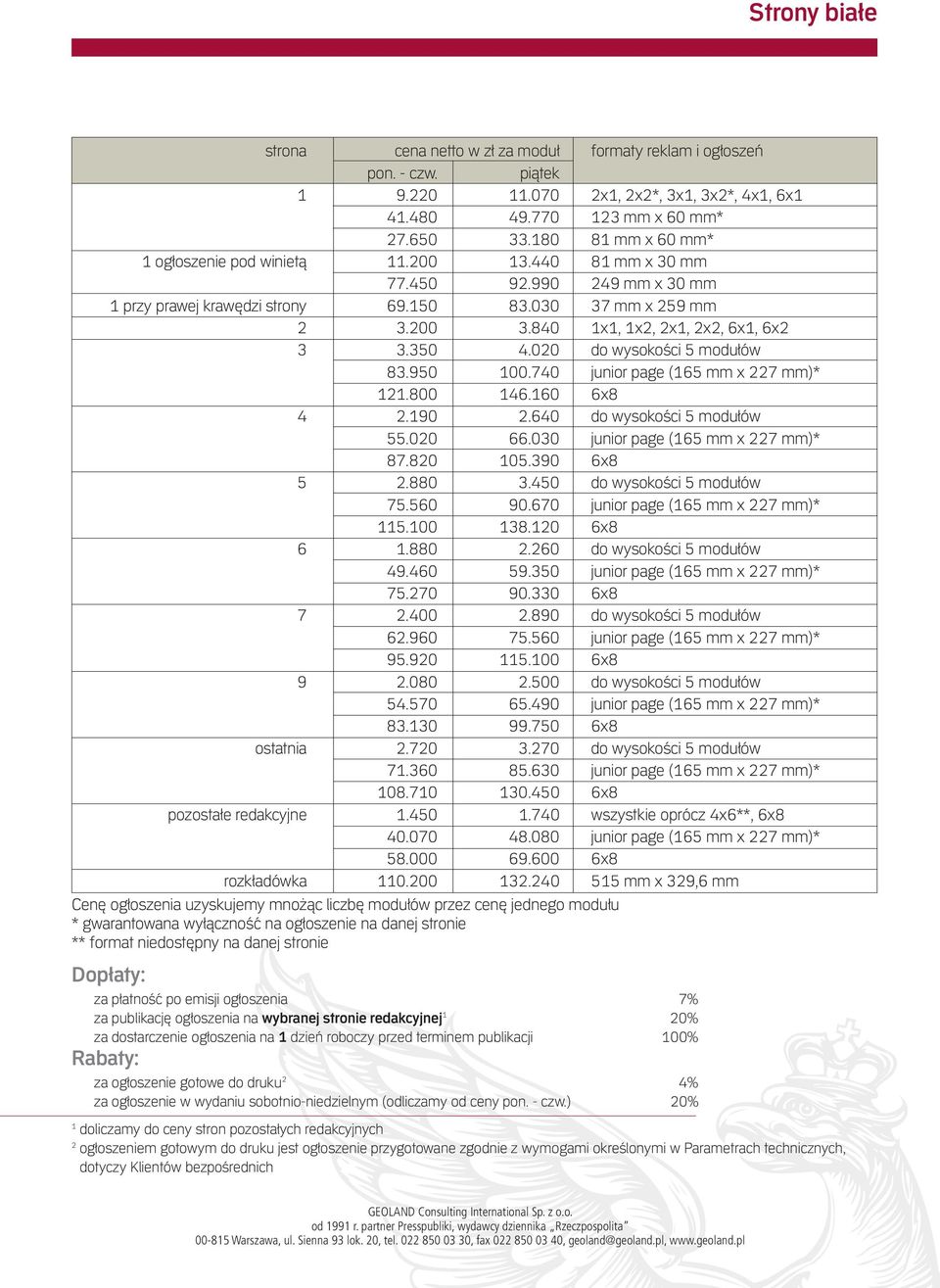 840 1x1, 1x2, 2x1, 2x2, 6x1, 6x2 3 3.350 4.020 do wysokości 5 modułów 83.950 100.740 junior page (165 mm x 227 mm)* 121.800 146.160 6x8 4 2.190 2.640 do wysokości 5 modułów 55.020 66.