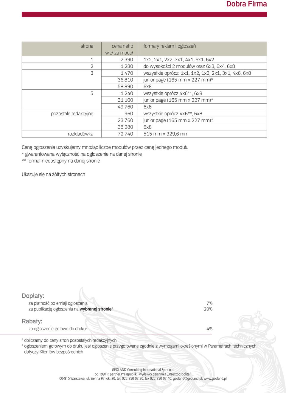 760 6x8 pozostałe redakcyjne 960 wszystkie oprócz 4x6**, 6x8 23.760 junior page (165 mm x 227 mm)* 38.280 6x8 rozkładówka 72.