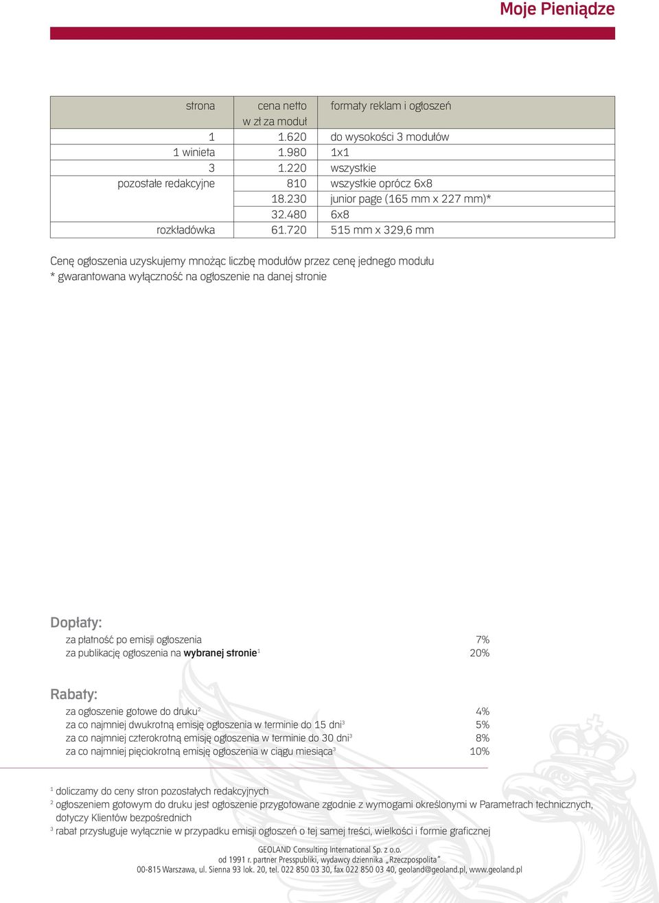 720 515 mm x 329,6 mm Cenę ogłoszenia uzyskujemy mnożąc liczbę modułów przez cenę jednego modułu * gwarantowana wyłączność na ogłoszenie na danej stronie Dopłaty: za płatność po emisji ogłoszenia 7%