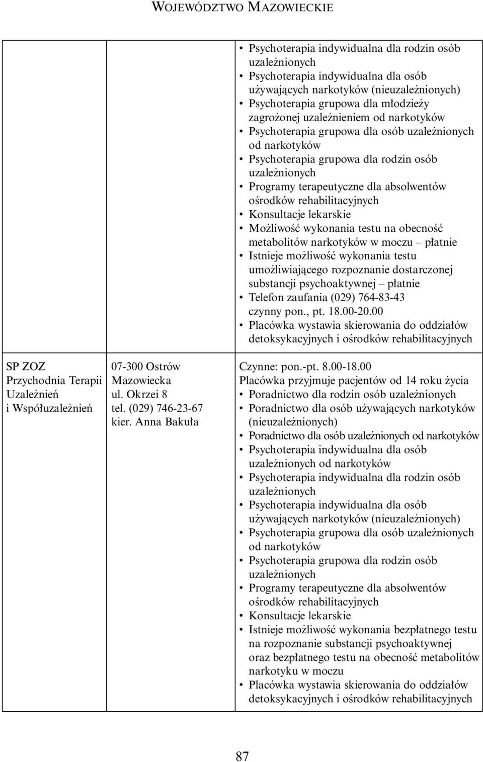 00 Placówka wystawia skierowania do oddzia ów detoksykacyjnych i SP ZOZ Przychodnia Terapii Uzale nieƒ i Wspó uzale nieƒ 07-300 Ostrów Mazowiecka ul. Okrzei 8 tel. (029) 746-23-67 kier.
