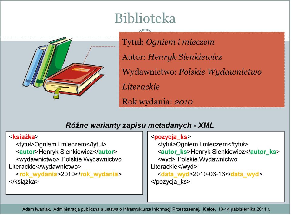 Literackie</wydawnictwo> <rok_wydania>2010</rok_wydania> </książka> Różne warianty zapisu metadanych - XML <pozycja_ks>