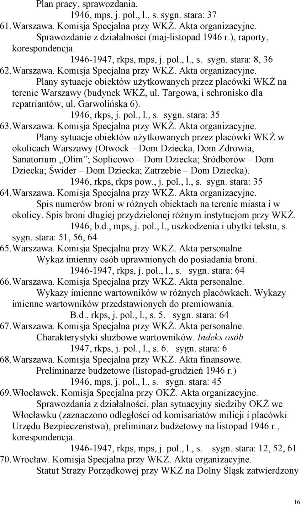 Plany sytuacje obiektów użytkowanych przez placówki WKŻ na terenie Warszawy (budynek WKŻ, ul. Targowa, i schronisko dla repatriantów, ul. Garwolińska 6). 1946, rkps, j. pol., l., s. sygn.