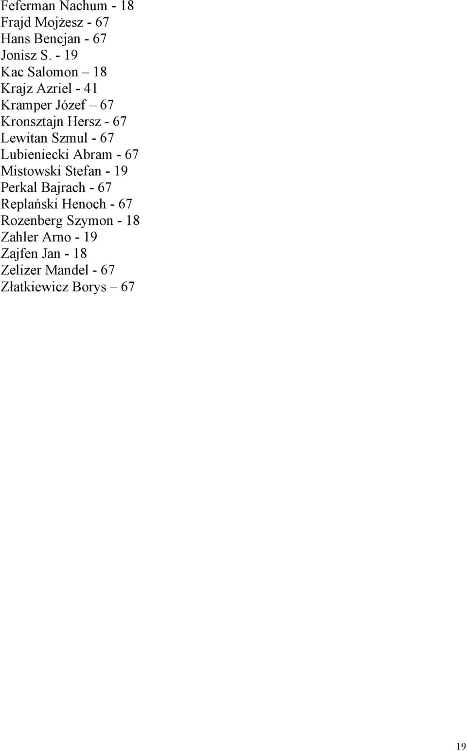 Szmul - 67 Lubieniecki Abram - 67 Mistowski Stefan - 19 Perkal Bajrach - 67 Replański