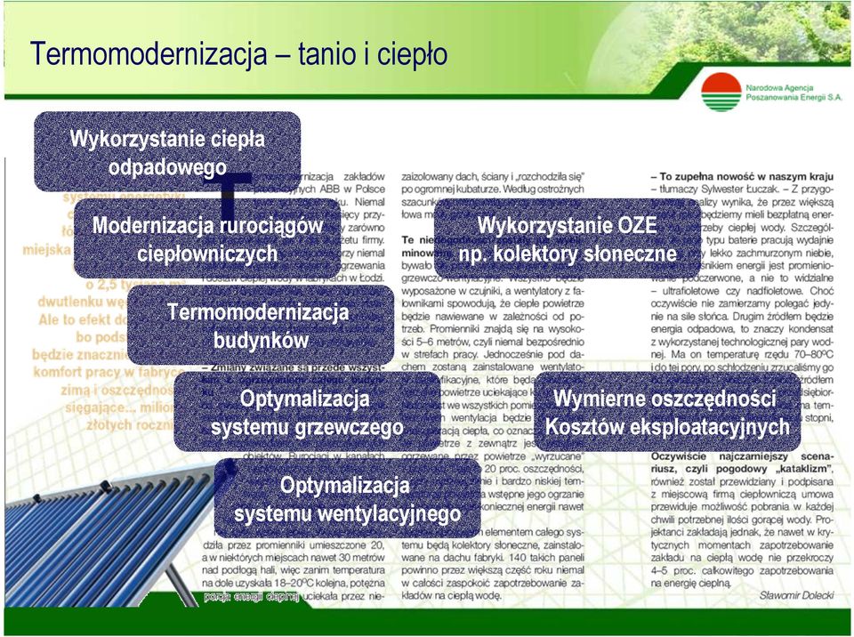 kolektory słoneczne Termomodernizacja budynków Optymalizacja systemu