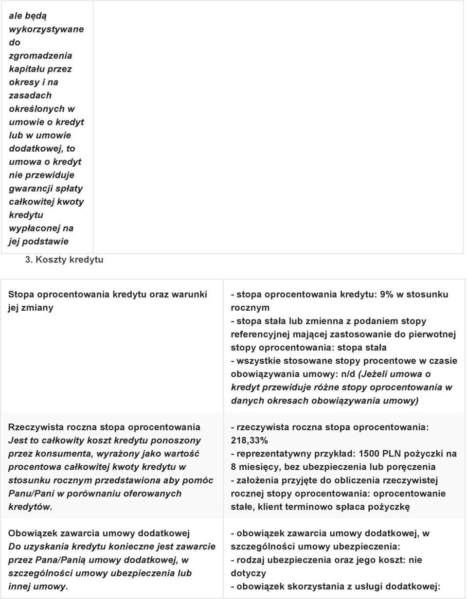 Koszty kredytu Stopa oprocentowania kredytu oraz warunki jej zmiany Rzeczywista roczna stopa oprocentowania Jest to całkowity koszt kredytu ponoszony przez konsumenta, wyrażony jako wartość