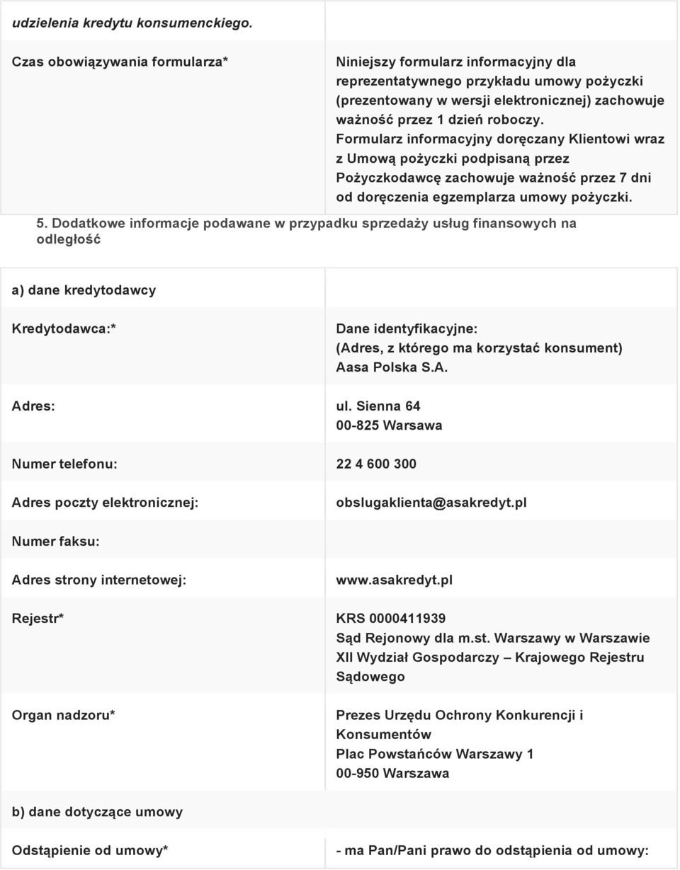 Formularz informacyjny doręczany Klientowi wraz z Umową pożyczki podpisaną przez Pożyczkodawcę zachowuje ważność przez 7 dni od doręczenia egzemplarza umowy pożyczki. 5.