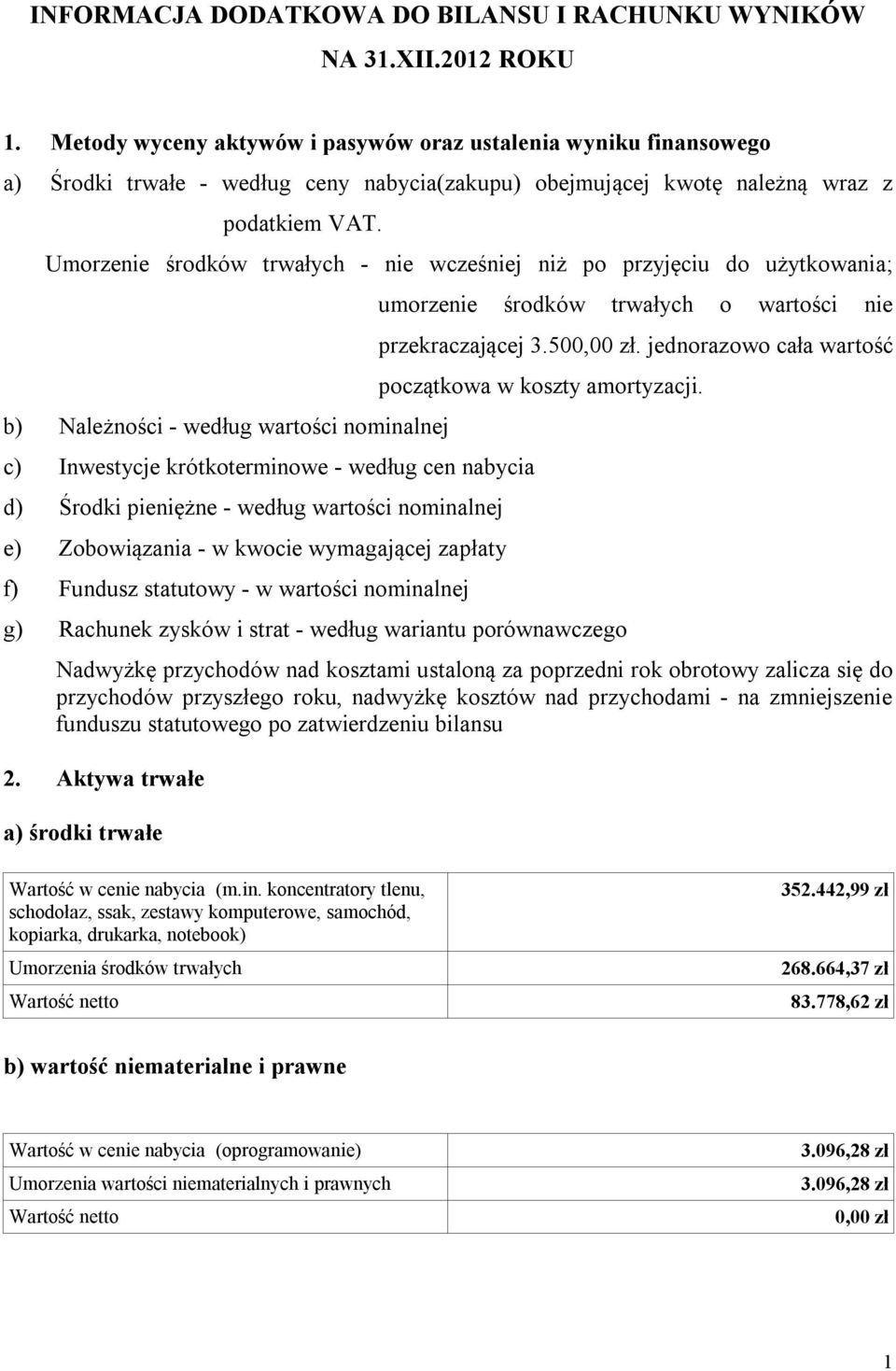 Umorzenie środków trwałych - nie wcześniej niż po przyjęciu do użytkowania; b) Należności - według wartości nominalnej c) Inwestycje krótkoterminowe - według cen nabycia d) Środki pieniężne - według