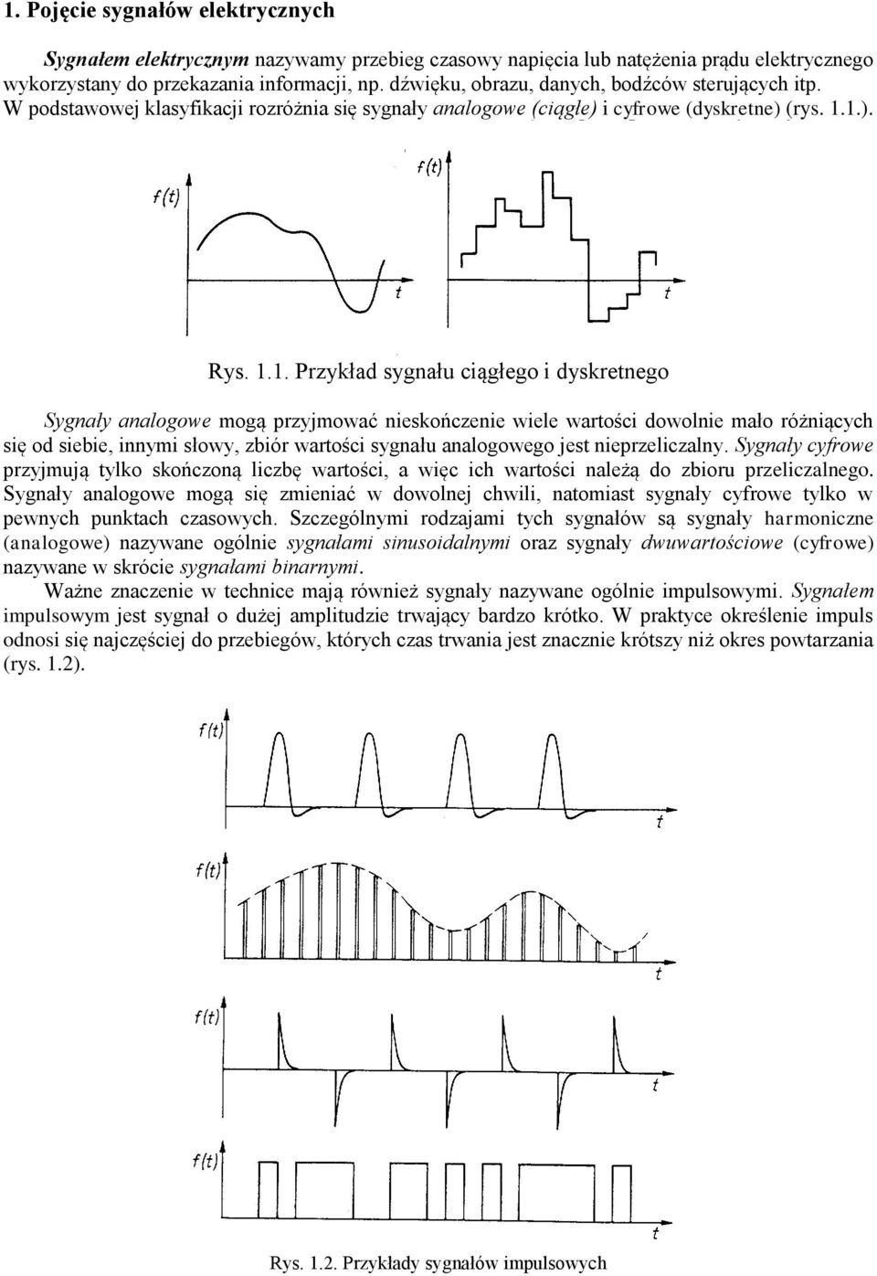 1.). Rys. 1.1. Przykład sygnału ciągłego i dyskretnego Sygnały analogowe mogą przyjmować nieskończenie wiele wartości dowolnie mało różniących się od siebie, innymi słowy, zbiór wartości sygnału