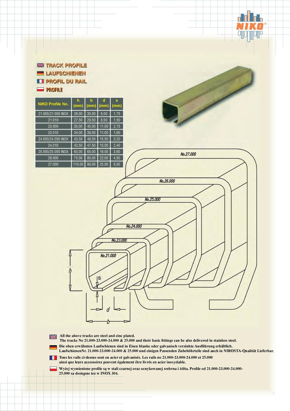 000 110,00 90,00 25,00 6,50 s All the above tracks are steel and zinc plated. The tracks No 21.000-23.000-24.000 & 25.000 and their basic fittings can be also delivered in stainless steel.