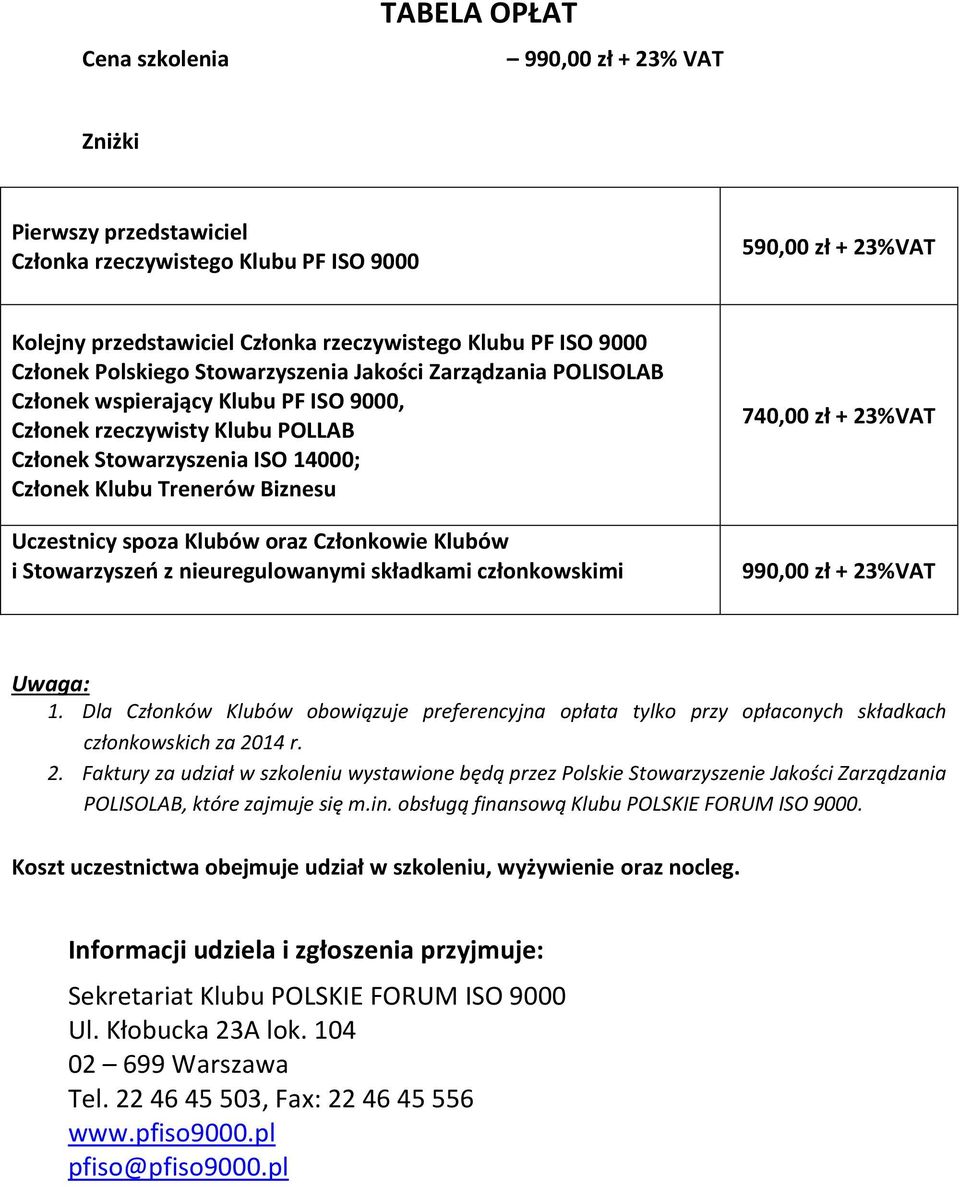 Biznesu Uczestnicy spoza Klubów oraz Członkowie Klubów i Stowarzyszeń z nieuregulowanymi składkami członkowskimi 740,00 zł + 23%VAT 990,00 zł + 23%VAT Uwaga: 1.