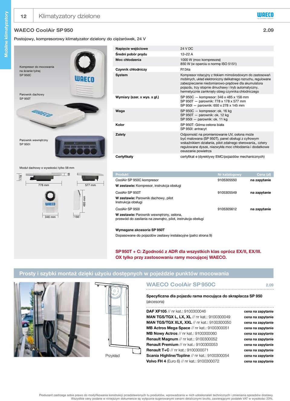 Napięcie wejściowe Średni pobór prądu Moc chłodzenia Czynnik chłodniczy System Wymiary (szer. x wys. x gł.