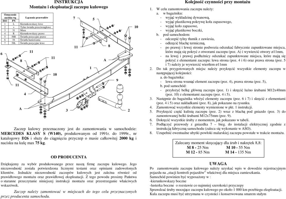 , nr katalogowy D26 i słuŝy do ciągnięcia przyczep o masie całkowitej 2000 kg i nacisku na kulę max 75 kg. OD PRODUCENT Dziękujemy za wybór produkowanego przez naszą firmę zaczepu kulowego.