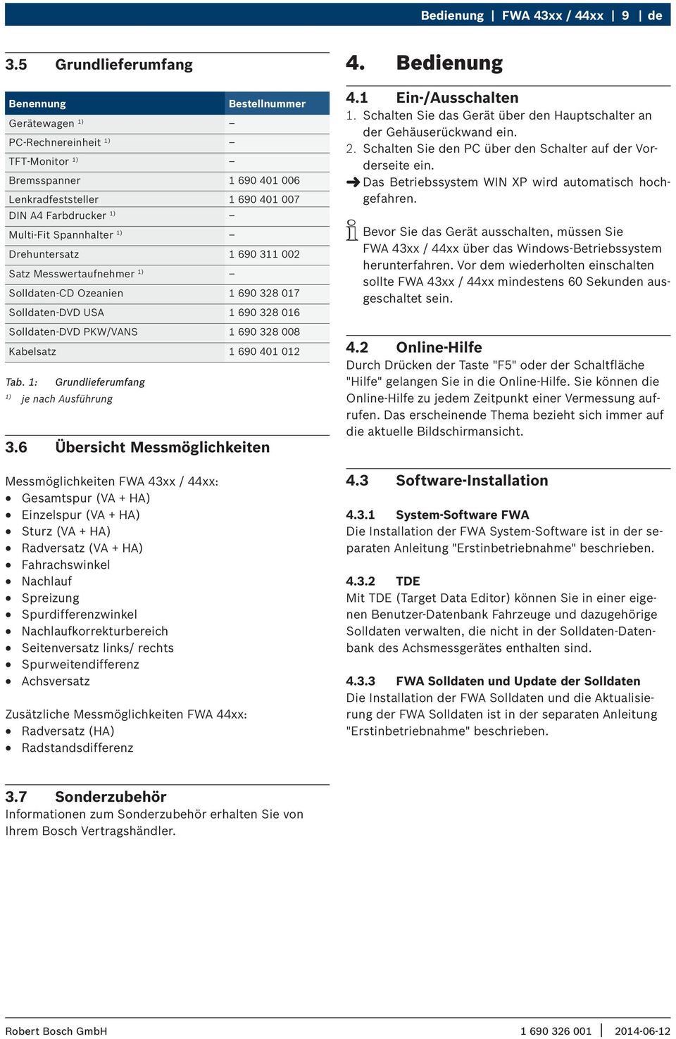 1) Drehuntersatz 1 690 311 002 Satz Messwertaufnehmer 1) Solldaten-CD Ozeanien 1 690 328 017 Solldaten-DVD USA 1 690 328 016 Solldaten-DVD PKW/VANS 1 690 328 008 Kabelsatz 1 690 401 012 Tab.