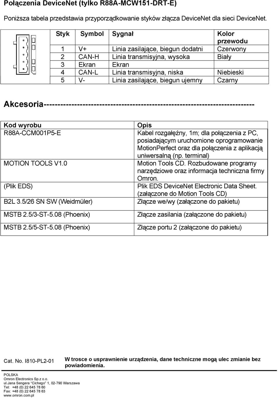 zasilające, biegun ujemny Czarny Akcesoria---------------------------------------------------------------------------- Kod wyrobu R88A-CCM001P5-E MOTION TOOLS V1.0 (Plik EDS) B2L 3.