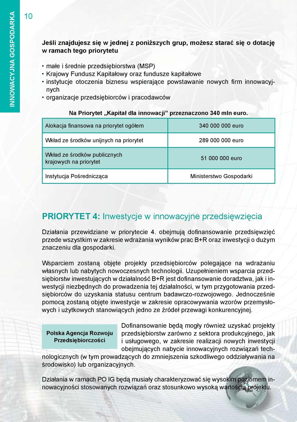 euro. Alokacja finansowa na priorytet ogółem Wkład ze środków unijnych na priorytet Wkład ze środków publicznych krajowych na priorytet Instytucja Pośrednicząca 340 000 000 euro 289 000 000 euro 51