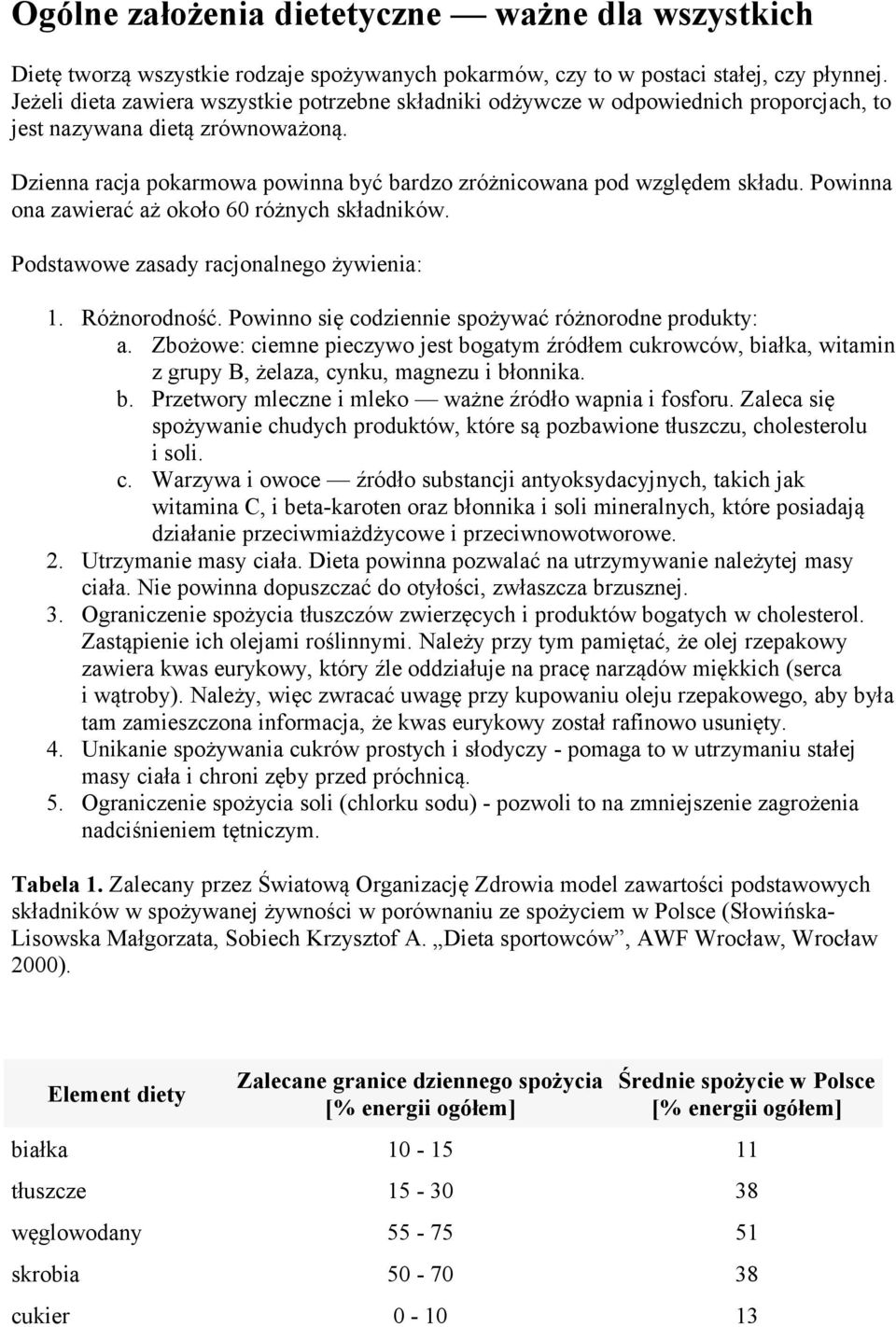 Dzienna racja pokarmowa powinna być bardzo zróżnicowana pod względem składu. Powinna ona zawierać aż około 60 różnych składników. Podstawowe zasady racjonalnego żywienia: 1. Różnorodność.