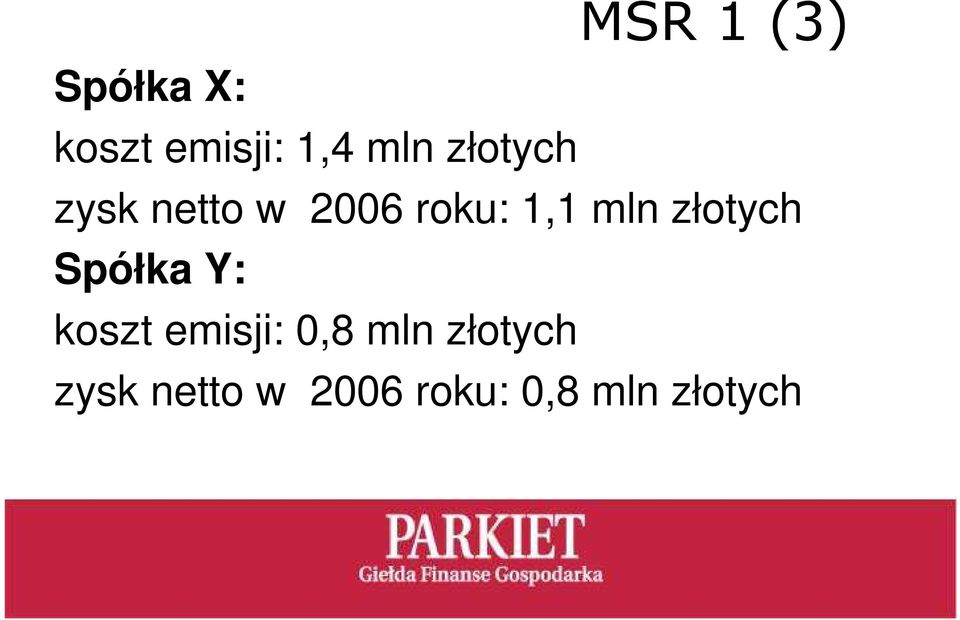złotych Spółka Y: koszt emisji: 0,8 mln