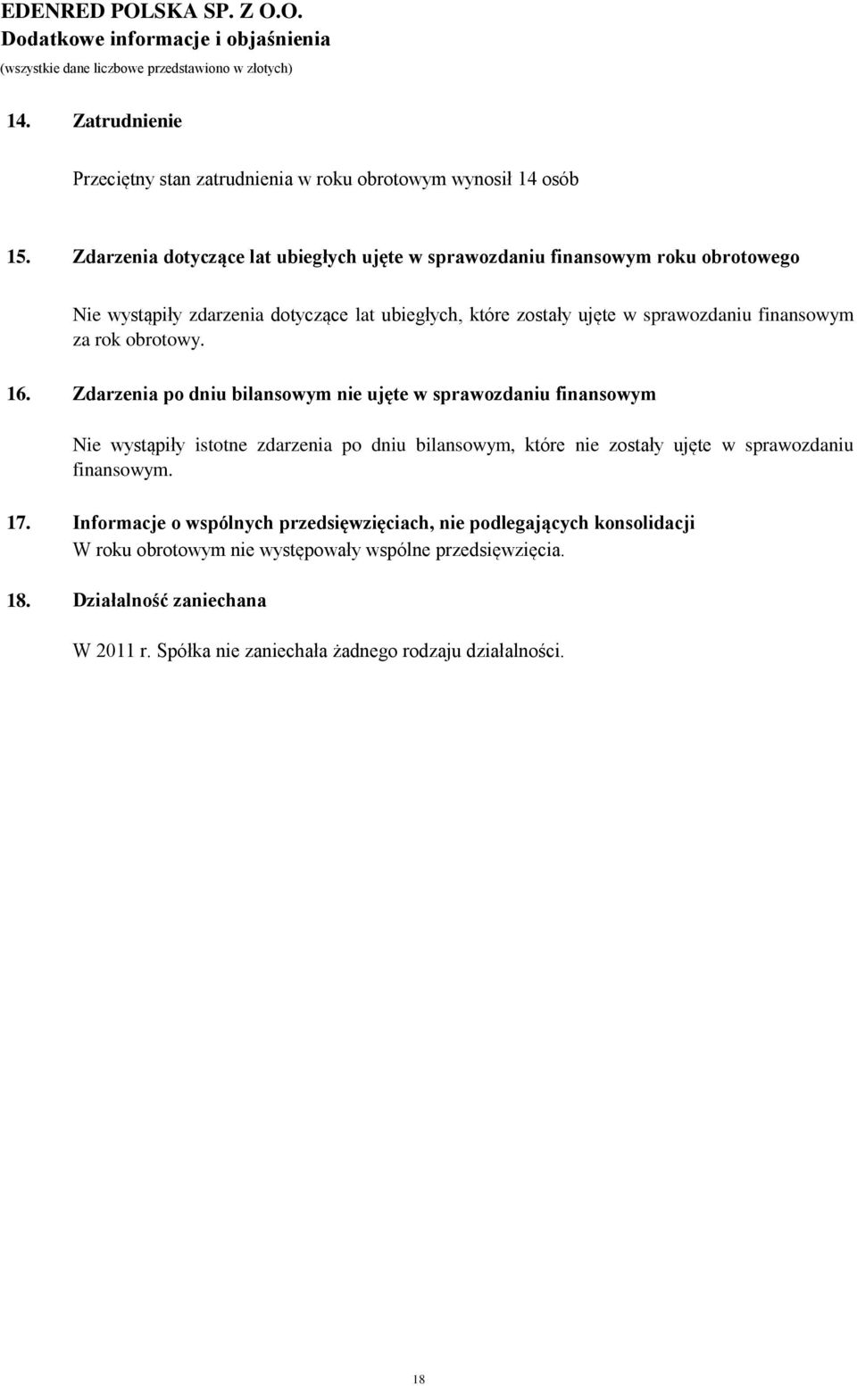 16. Zdarzenia po dniu bilansowym nie ujęte w sprawozdaniu finansowym Nie wystąpiły istotne zdarzenia po dniu bilansowym, które nie zostały ujęte w sprawozdaniu finansowym. 17.