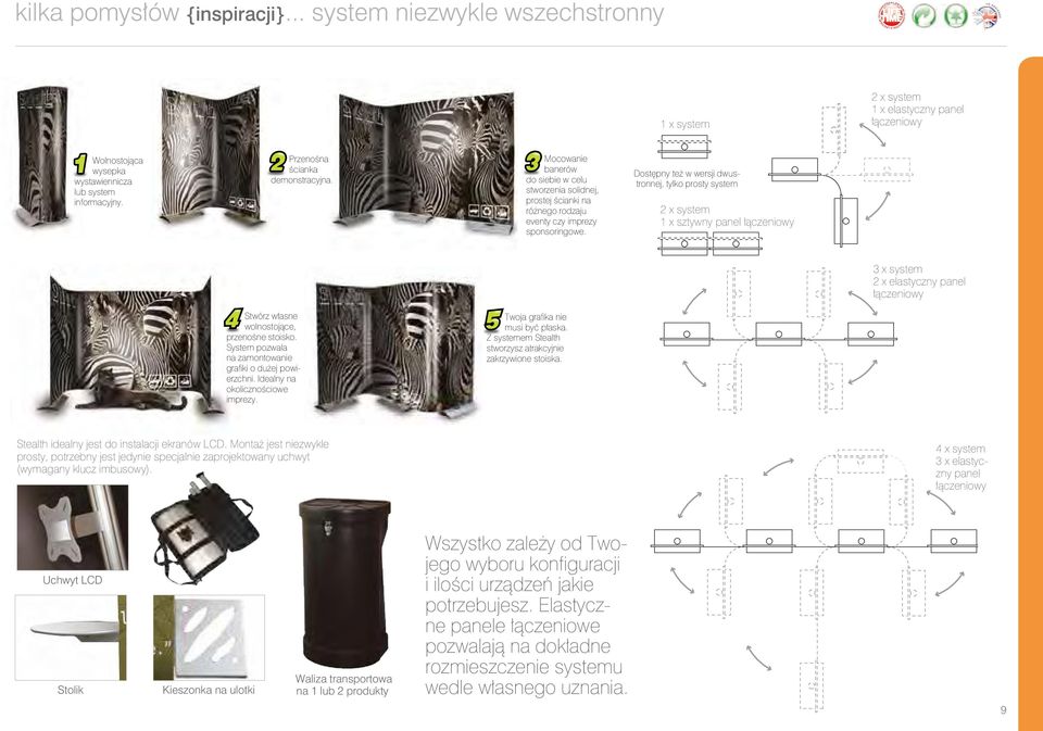 Dostępny też w wersji dwustronnej, tylko prosty system 2 x system 1 x sztywny panel łączeniowy 3 x system 2 x elastyczny panel łączeniowy Stwórz własne wolnostojące, przenośne stoisko.