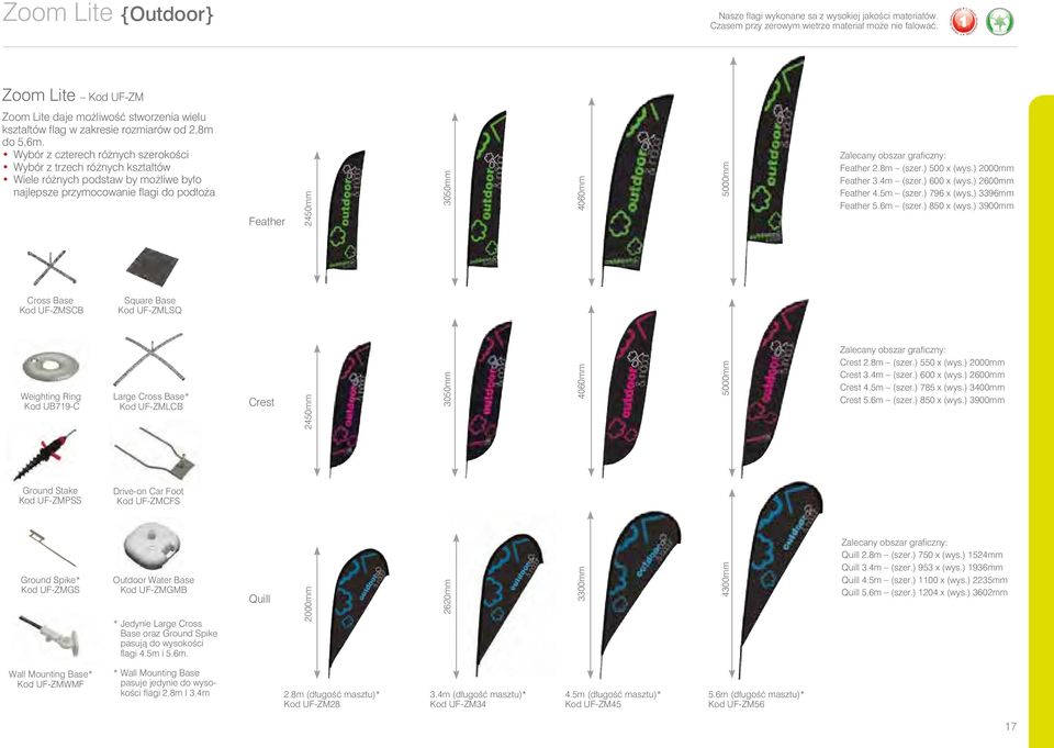 Wybór z czterech różnych szerokości Wybór z trzech różnych kształtów Wiele różnych podstaw by możliwe było najlepsze przymocowanie flagi do podłoża Feather 2450mm 3050mm 4060mm 5000mm Zalecany obszar