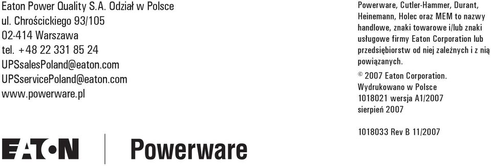pl Powerware, Cutler-Hammer, Durant, Heinemann, Holec oraz MEM to nazwy handlowe, znaki towarowe i/lub znaki