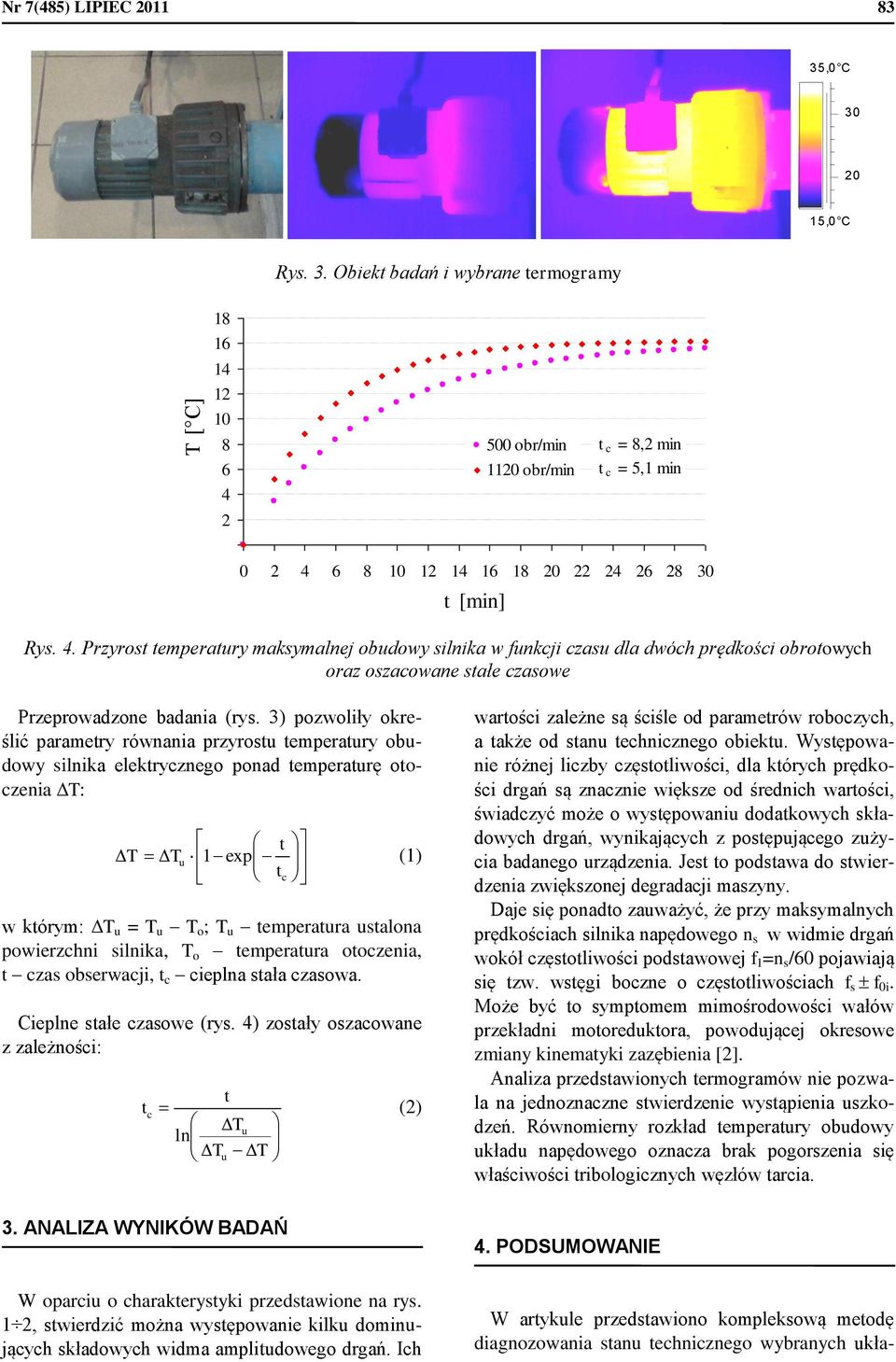 4. Przyrost temperatury maksymalnej obudowy silnika w funkcji czasu dla dwóch prędkości obrotowych oraz oszacowane stałe czasowe Przeprowadzone badania (rys.